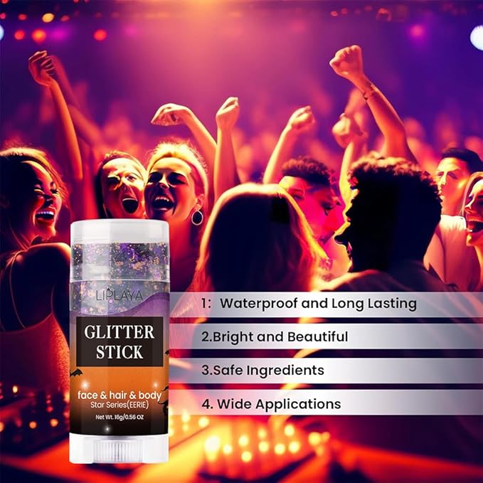 Body Glitter Stick, Sparkling Holographic Sequins Neon Outfit Party Mardi Gras Accessories Face Paint Hair and Body Glitter Gel Makeup.(Black &Orange &Purple)