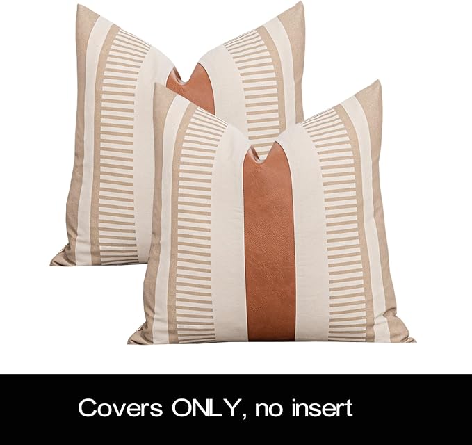 2 Pack 20x20 Inch Pillow Covers - Brown Faux Leather & Tan Stripe Print Soft Canvas Splicing, Same Pattern Both Sides | for Sofa Couch Bed Living Room, Farmhouse Industrial Minimalist Decor