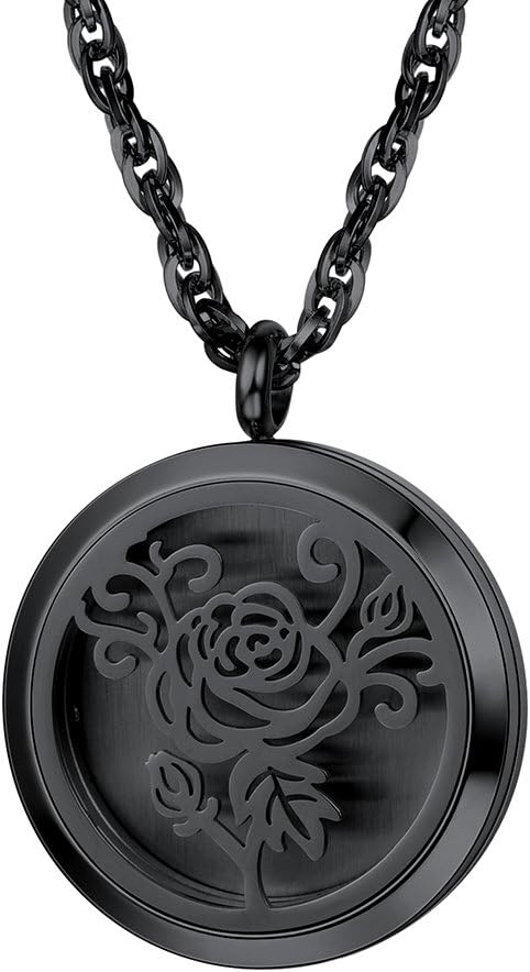 Diffuser Aromatherapy Necklace,Perfume Locket Pendant Charm,Delicate Rose Flower Hot Women Jewelry,Black Stainless Steel