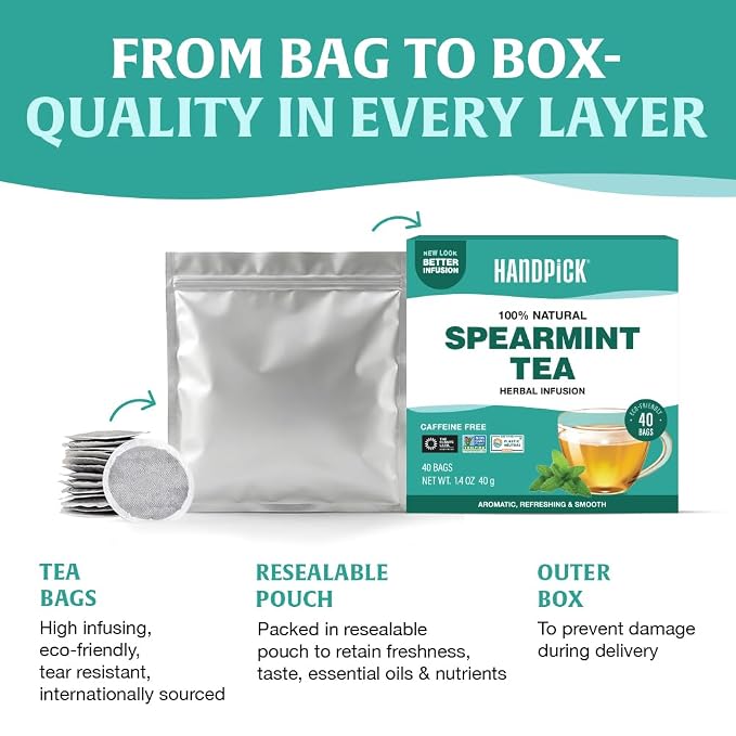 HANDPICK, Spearmint Tea Bags (40 Herbal Tea Bags) |Refreshing Mint Tea | Non-GMO | Round Eco-Conscious Teabags