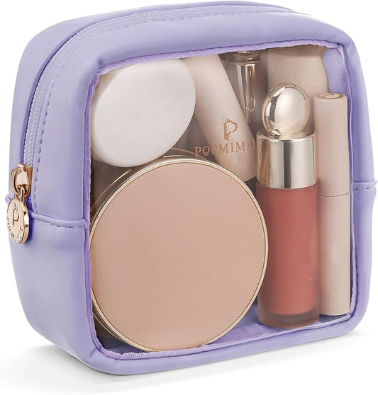 Pocmimut Clear Makeup Bag, Easy to Find Mini Makeup Bag for Purse, Travel Makeup Bag for Car, Compact Cosmetic Pouch for Daily Essentials,Purple