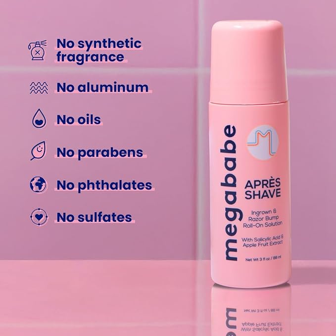 Megababe Après Shave | Post-Shave & Waxing | Ingrown Hair & Razor Bump Roll-On Treatment for Women | Bikini, Armpits & Legs (3.0 fl oz)