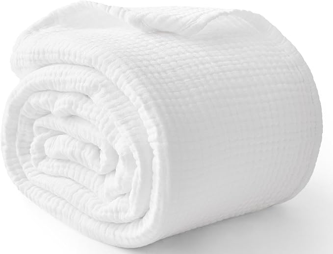 100% Cotton Muslin Blanket California King 120" x 90", 6 Layers Breathable and Lightweight Oversized Blankets for Bed, Soft Cooling Gauze Blanket for Adults All Season, White
