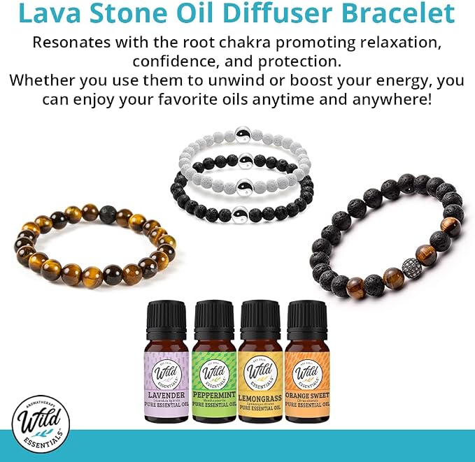 Wild Essentials Turquoise and Hematite Lava Stone Essential Oil Diffuser Bracelet, Expandable Elastic, Aromatherapy Jewelry Gift Set and 100% Pure Oils (Lavender, Lemongrass, Orange and Peppermint)