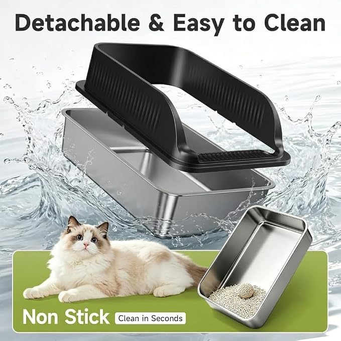 Stainless Steel Litter Box with High Sides, Include Scoop, Black | Easy Cleaning Anti-Urine Leakage Non-Sticky Open Top Low Entry