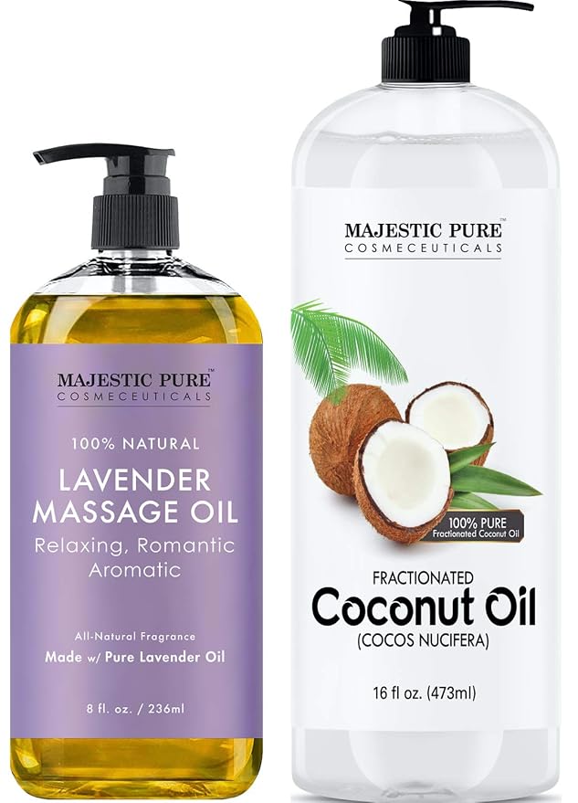 Majestic Pure Lavender Massage Oil 8 fl oz, and Fractionated Coconut Oil 16 fl oz Bundle