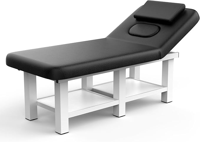 Black Wide Stationary Massage Table with Backrest for Treatment Table Physical Therapy Table Spa Facial Bed, Metal Frame PU Leather 31.5'' Wide 75'' Long Heavy Duty Professional Stationary Massage Bed