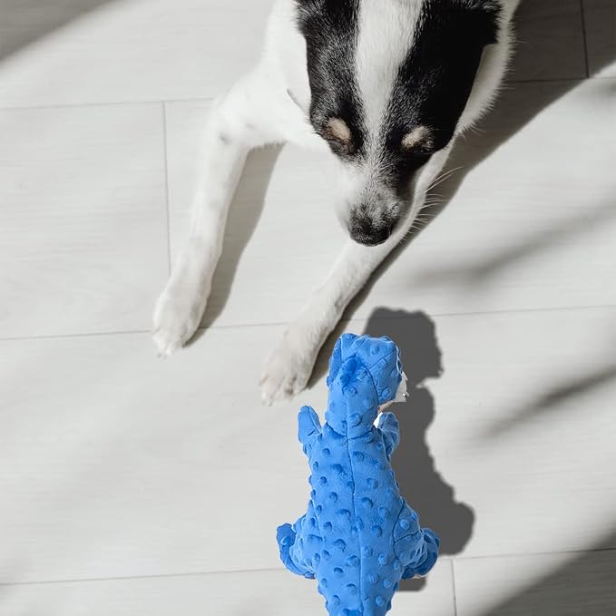 DODODOLA Dog Toys Blue Dinosaur Stuffed Squeaky Puppy Toy for Small Large Dogs