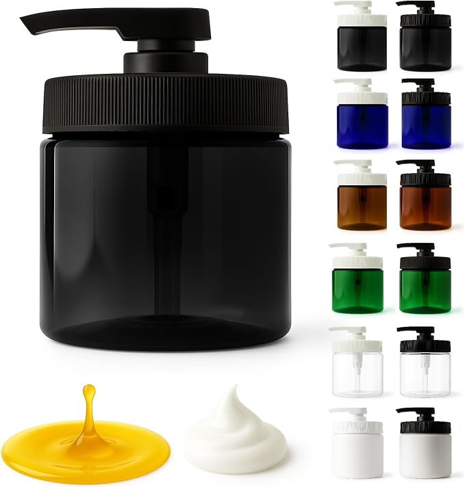 Royal Massage 16oz Refillable Pump Jar with Locking Dip Tube Dispenser – BPA-Free Plastic Container for Massage Oils, Lotions, Creams – Ribbed Lid Wide-Mouth Jar – Durable & Reusable (Black/Black, 1)