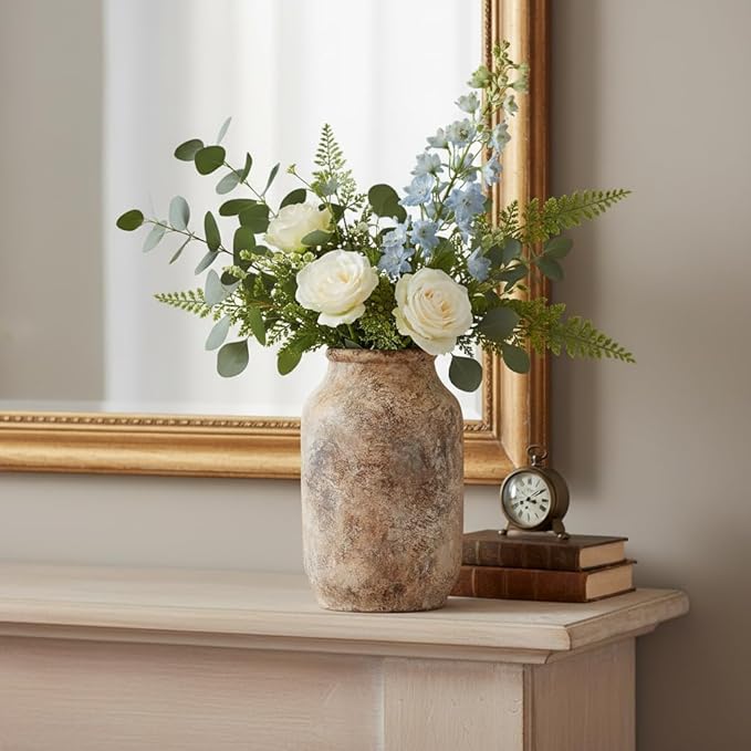 Rustic Terracotta Vase, Farmhouse Ceramic Vase, Decorative Clay Vintage Vases for Home Decor, Living Room,Table, Shelf Decor, 9 inch, Brown