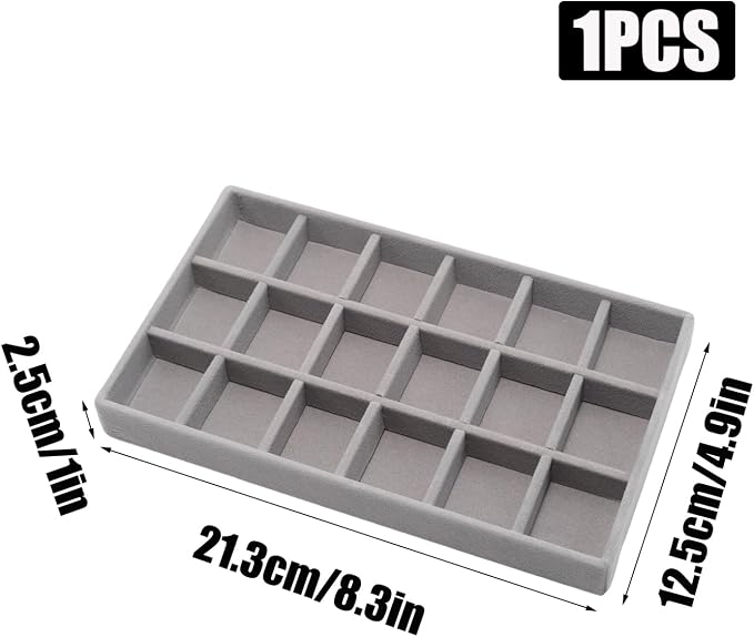 Velvet Jewelry Organizer Trays Gray, 18 Grids | Stackable Jewelry Storage Display Tray with Removable Dividers for Drawer Dresser Cloest