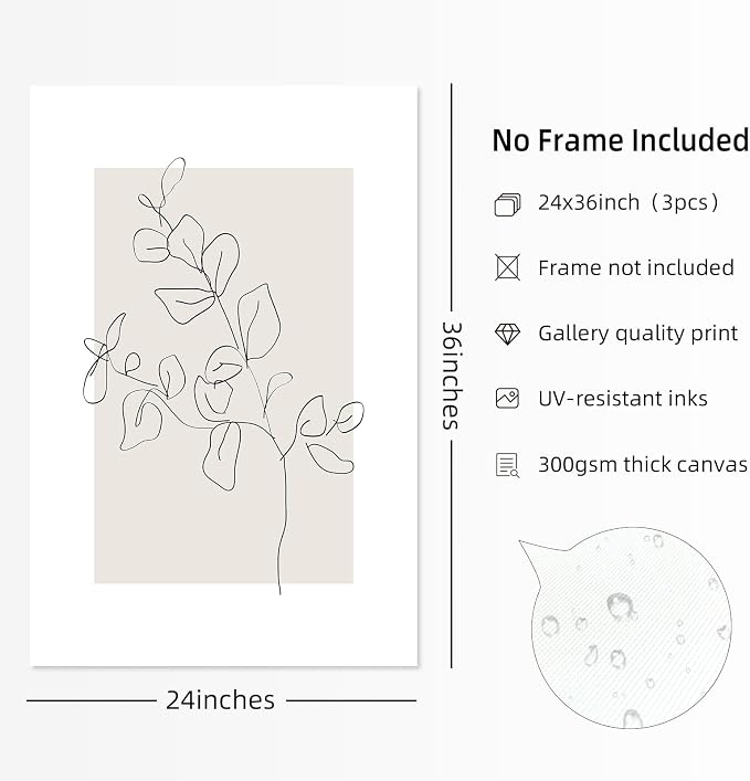 Neutral Botanical Prints Wall Art Flower Minimalist Canvas Wall Decor Vintage Line Wall Art Floral Plant Painting Pictures Beige Boho Artwork Farmhouse Poster for Bedroom 24x36 Inch Unframed Set of 3