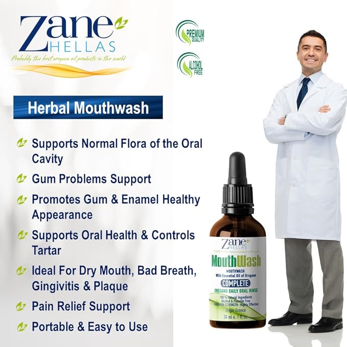Zane Hellas MouthWash. Oral Rinse with Oregano Oil Power. Ideal for Gingivitis, Plaque, Dry Mouth, and Bad Breath. Alcohol and Fluoride Free. 100% Herbal Solution. 2 fl.oz.-60ml.