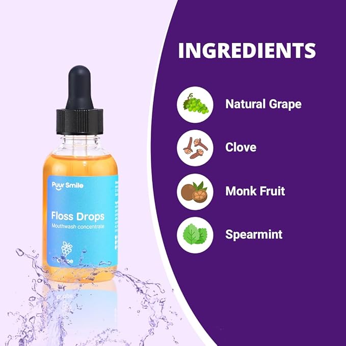 Puur Smile Concentrated Floss Drop Serum – 2oz Concentrated Mouth Wash to Use in Water Flosser | Natural Essentials Promotes Good Breath | Organic Drop Provides Good Oral Health (Grape Flavor)