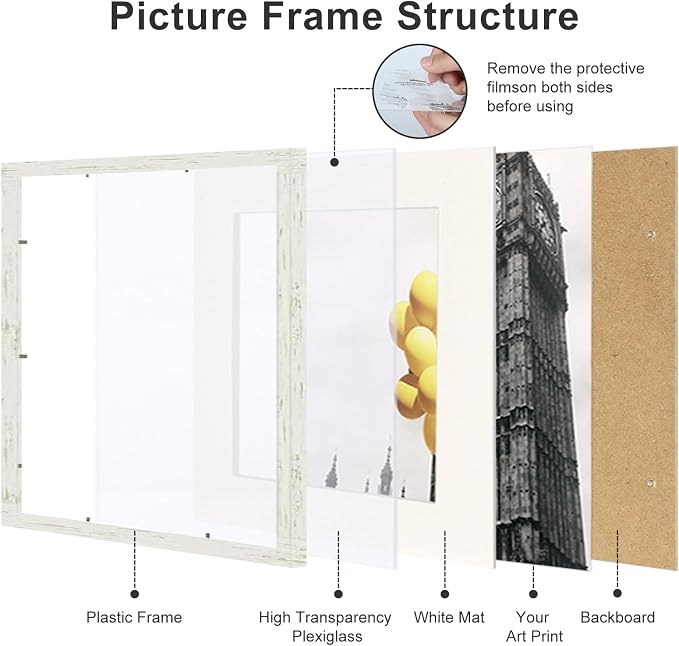 8x8 Picture Frame Set of 9, Display Pictures 4x4 with Mat or 8x8 without Mat, Multi Collage Gallery Square Photo Frames for Wall or Tabletop, Distressed White