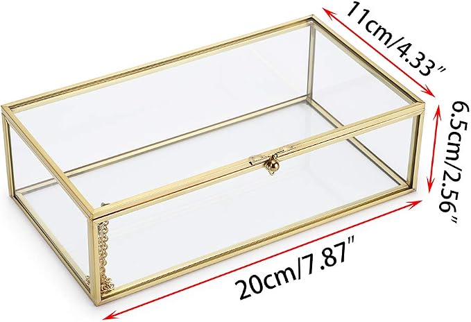 Hipiwe Vintage Glass Keepsake Box, Rectangle Gold Jewelry Display Organizer | Clear Lidded Box for Home Decor, Storage of Trinkets, Rings, Bracelets