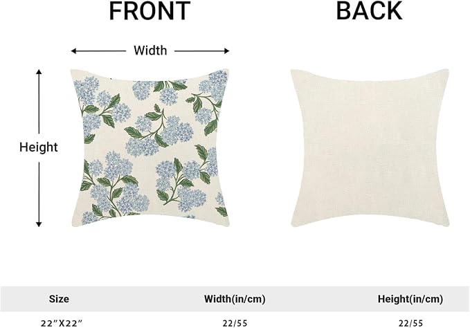 AEIOAE Spring Pillow Covers 22x22 Inch Set of 2, Green Blue Hydrangea Flower Throw Pillows Case,Floral Summer Outdoor Seasonal Decorative Farmhouse Decor Cushion Covers for Home Sofa Bed Couch