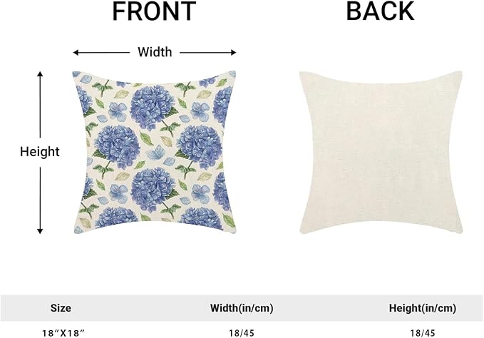AEIOAE Spring Floral Pillow Covers 18x18 Inch Set of 2, Blue Green Hydrangea Flower Leaves Throw Pillows Case,Summer Outdoor Seasonal Decorative Farmhouse Decor Cushion Covers for Home Sofa Bed Couch