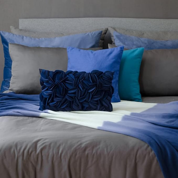 KINGROSE Handmade 3D Flower Accent Throw Pillow Cover Home Decorative Pillow Case Soft Rectangle Cushion Cover for Sofa Living Room Bed Sofa Couch 12 x 20 Inches Velvet Navy Blue