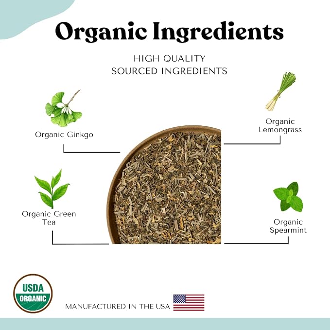 Organic Green Tea Loose Leaf Tea Bags – Energy Blend, Cortisol, Spearmint, Lemongrass, Ginkgo, Focus, Adrenal Support, AIP Herbal Energizing Blend for Cognitive Function, 15 Count