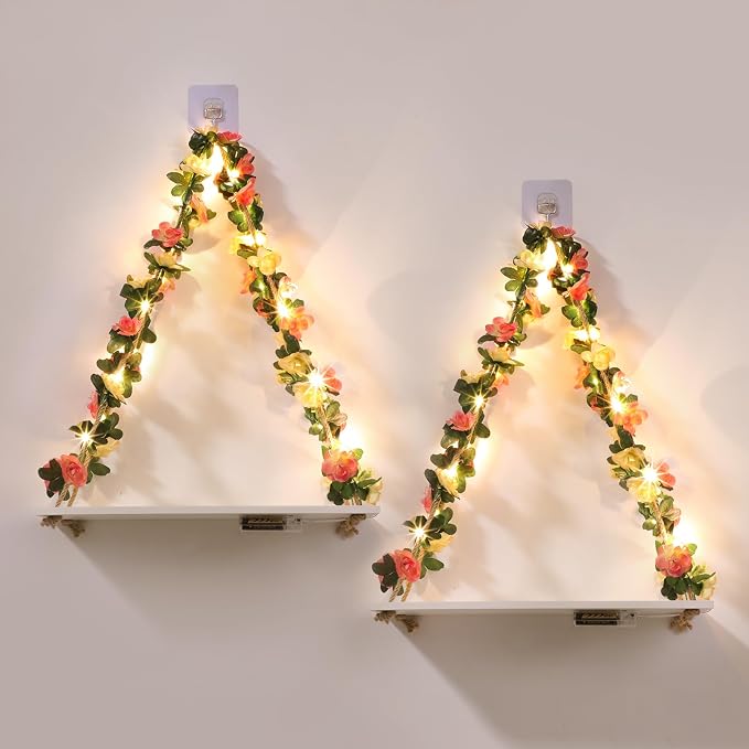 EXIN DECHEN Wall Decor for Bedroom,Floating Shelves,Room Decor Aesthetic | Set of 2,No Drill Shelves,Leaves and Light Strip with Flower,Cute,Teen Girls,Princess,Coquette for Dorm Livingroom Decor