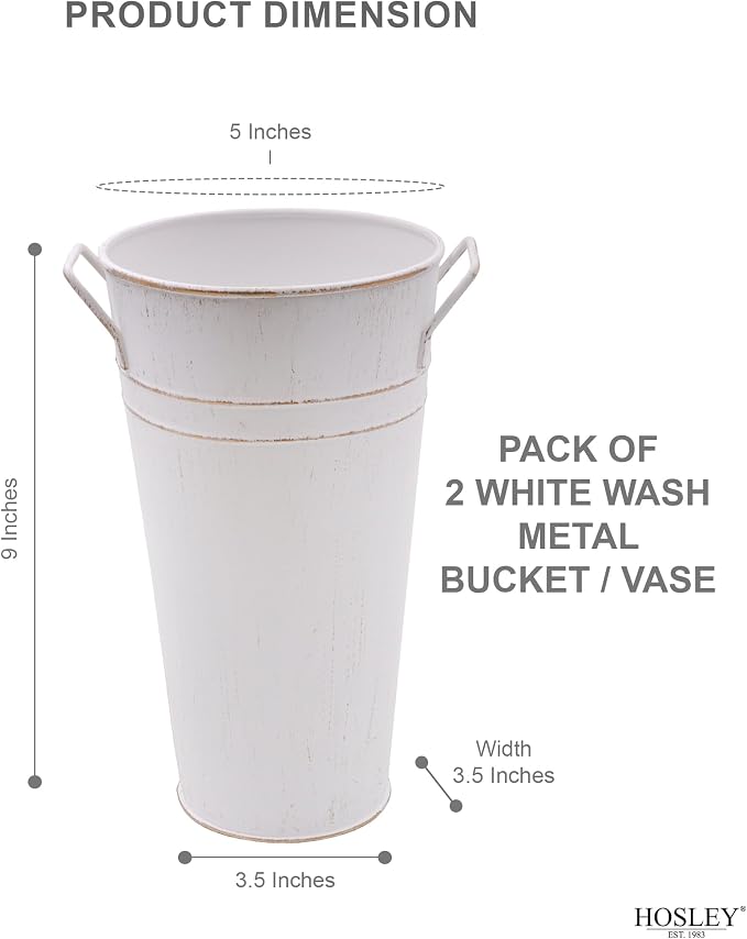 Hosley Set of 2 White Wash Finish Bucket/Pot Vase with PVC Liner 6.25" L x 5" W x 9" H, Ideal Gift for Wedding Home Office Party DIY Indoor Outdoor Garden Patio