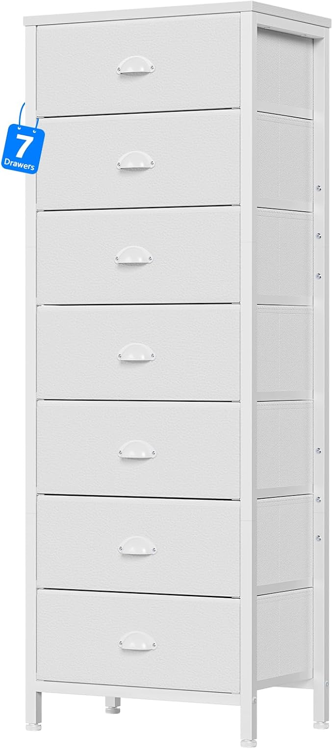 White Tall Dresser for Bedroom, Chest of Drawer with Fabric Drawer | Tall Skinny Dresser with 7 Drawers, Metal Frame, Wooden Top, Dorm Vertical Closet, Bedside Furniture in Living Room