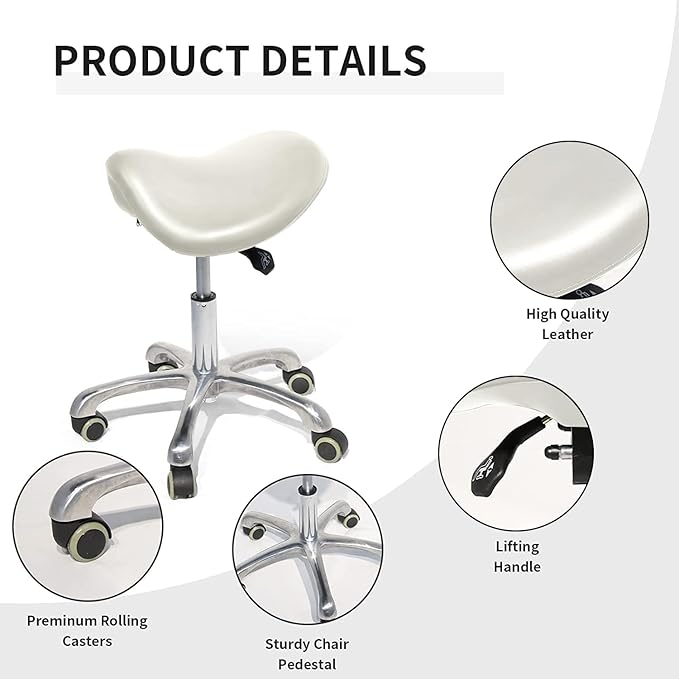 Saddle Stool with Wheels,Rolling Stool,Rolling Chair Ergonomic Swivel Rolling Chair with Hydraulic Lifting Height Adjustable Rolling for Office Medical Massage Salon Drafting(White)