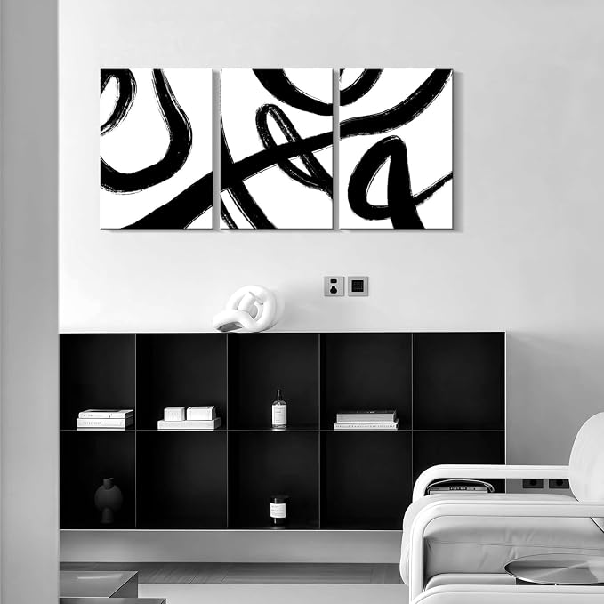 3Pcs Framed Abstract Black and White Canvas Wall Art Minimalist Brushstroke Line Prints Modern Home Gallery Style Picture Painting Posters Bedroom Living Room Office 16x24 Inch Ready to Hang
