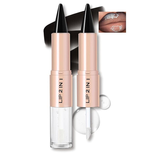 Lip Liner Gloss Lip Combo Set, 2 in 1 Lip Duo Black Lip Liner Lipstick Glossy Clear Nourishing Gloss Lip Kit,Smooth Quick Fuller Plumping Moisturizing Juicy Lip Makeup for Women 01# Gothic Ice