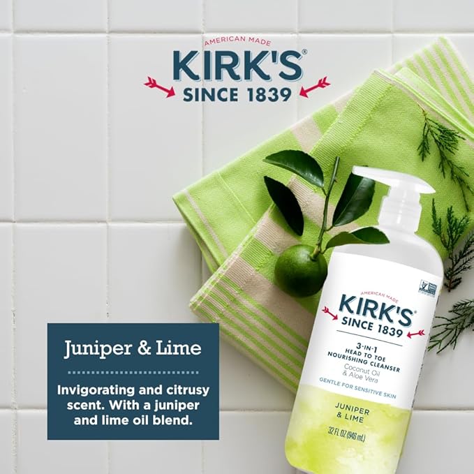 Kirk's 3-in-1 Castile Liquid Soap Travel Size Bar Soap (1.13 oz.) | Head-to-Toe Clean Shampoo, Face Soap & Body Wash for Men, Women & Children | Juniper & Lime Scent | 32 Fl Oz.