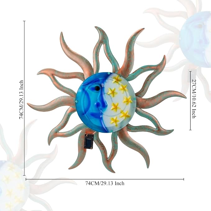 VEWOSTAR 29" Large Metal Sun and Moon Wall Art | 3D Fence Wall Decor With with Solar Lights, Hanging Decoration for Patio Garden Yard,Gift Ideal for Mom