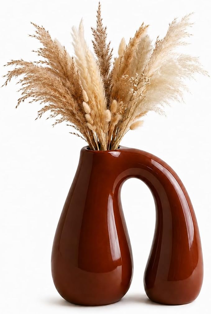 Brown Ceramic Vase for Pampas, Boho Shelf & Table Decor | Holds Dried Stems and Faux Florals - Sculptural Accent for Mantel, Console and Entryway
