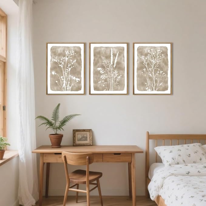 ANHUIB Beige Floral Canvas Wall Art Neutral Botanical Wall Decor 12x16 Inch Set of 3 for Living Room Bedroom Bathroom