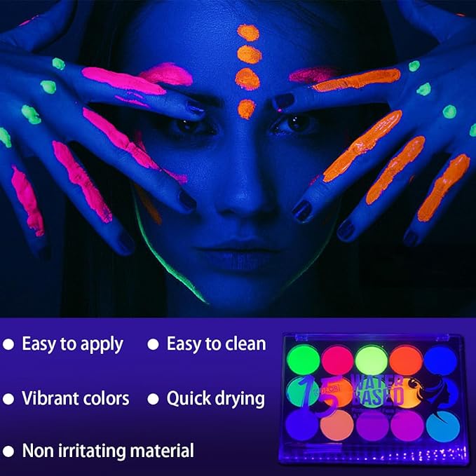 Glow UV Blacklight Face Paint,Neon Fluorescent Body Painting Palette,Water Activated Makeup Eyeliner,Water Based Glow In The Dark Party Halloween Washable for Adult Body Paint Set (15 color)