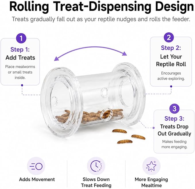 2 Pack Reptile Rolling Feeders with 2 Feeding Tweezers, Transparent Mealworm Treat Dispenser Toy for Bearded Dragons, Leopard Geckos, Lizards and Small Reptiles