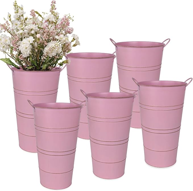 12 Inch Galvanized Metal Vase, 6 Pack Tall Flower Buckets with Handles | Galvanized metal flower buckets with handles, rustic tall vase design for dried flowers, weddings, farmhouse and home decor.