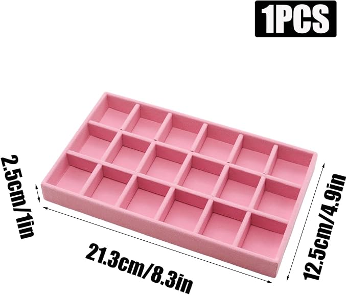 Velvet Jewelry Organizer Trays Pink 18 Grids | Stackable Jewelry Storage Display Tray with Removable Dividers for Drawers