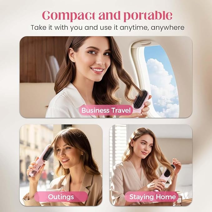 2026 Hair Straightener Brush, Cordless Hair Straightener Brush for Short Hair, Mini Portable Travel Straightening Hair Comb Brush with 4 Temps Fast Heating for Women, All Hair Types (Pink)
