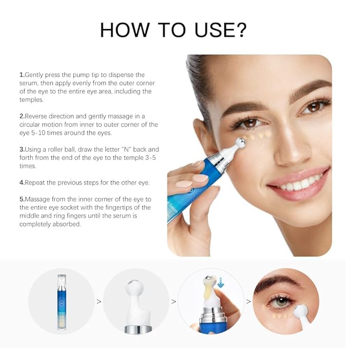 5% Caffeine Eye Serum, Anti-Aging Under Eye Roller Cream for Dark Circles Puffiness Wrinkles and Fine Lines, Korean EyeCare Cream with 360°Massage Ball, EyeBags Treatment for Men and Women