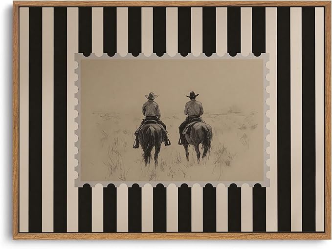 ZZLWBKGL Western Wall Decor Vintage Framed Wall Art Cowboy Canvas Art | Rustic Striped Artwork Retro Stamp Picture Mid Century Paintings for Living Room Bedroom 16x24in