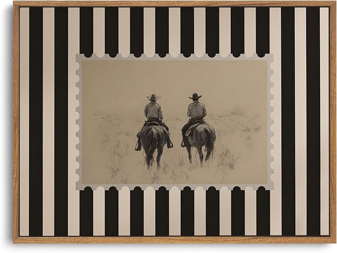ZZLWBKGL Western Wall Decor Vintage Framed Wall Art Cowboy Canvas Art | Rustic Striped Artwork Retro Stamp Picture Mid Century Paintings for Living Room Bedroom 12x16in