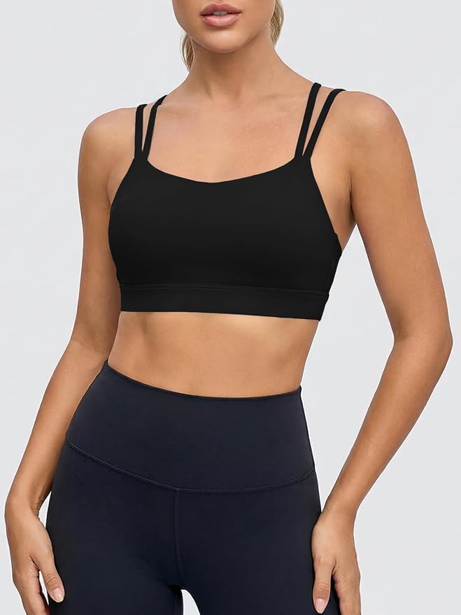 Aoysky Sports Bras for Women Buttery Soft Strappy Padded Sports Bra Double Spaghetti Straps Wireless Yoga Workout Crop Tops