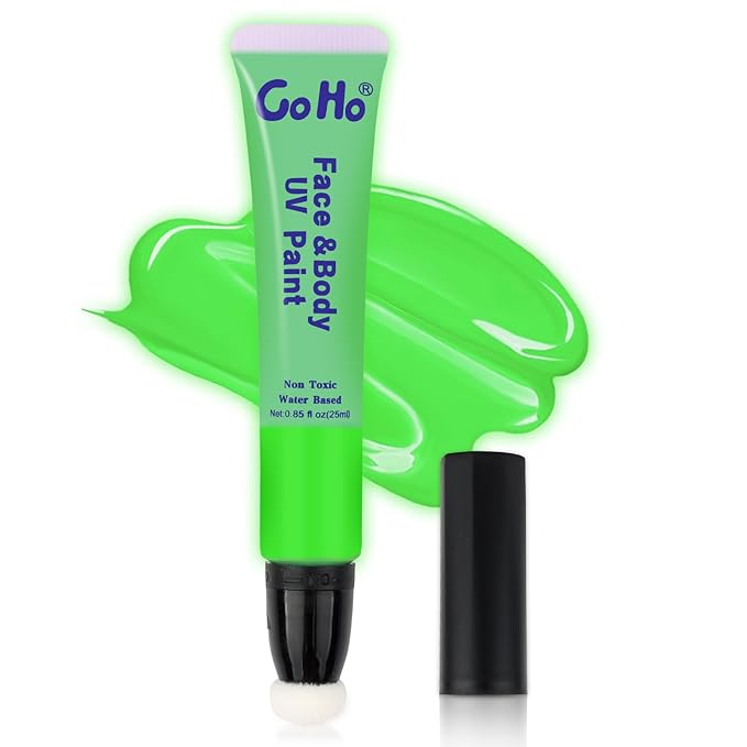 Go Ho UV Blacklight Neon Green Face Body Paint,Water Based Bright Color Neon Fluorescent Body Paint with Cushion Applicator,Glow In The Dark Under UV Lighting Party Neon Green Makeup Washable