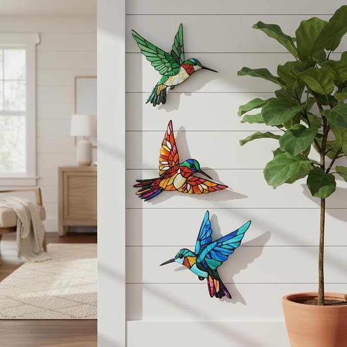 VEWOSTAR 3 Pcs 3D Metal Hummingbird Wall Art | Colorful Birds Outdoor Fence Wall Art Decor, Holiday Garden Decor,Metal Bird Wall Decor for Modern Farmhouse Rustic Home