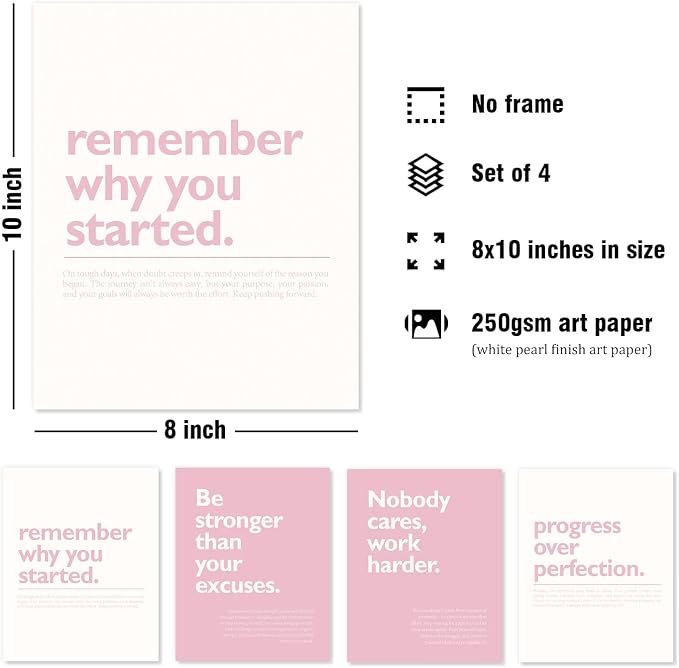 DSHFG Pink Motivational Inspirational Office Wall Art Decor Prints Set of 4 | Pink Motivational Wall Decor Trendy Retro Posters for Office Home Decor, Inspirational Posters Prints 8x10 Unframed