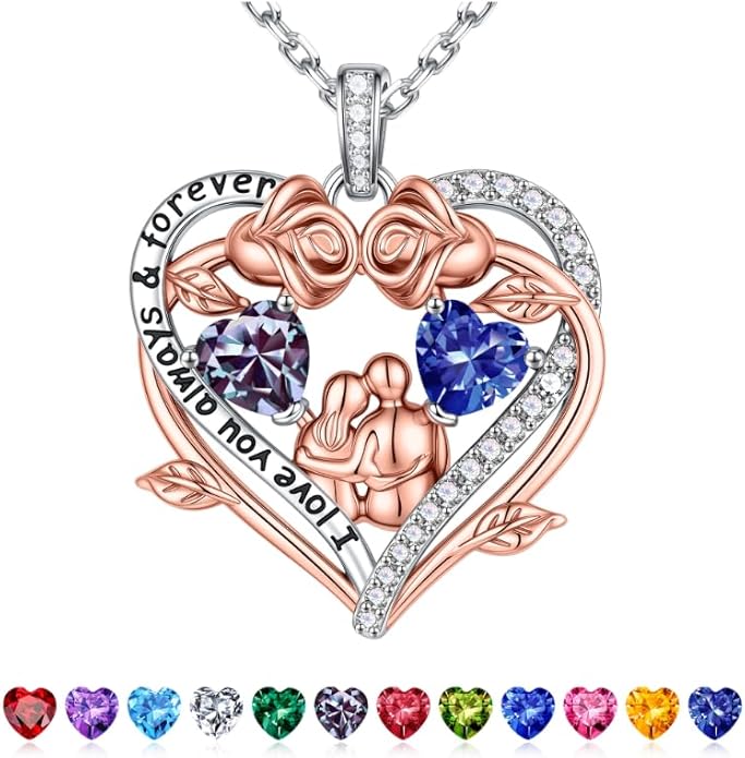 Iefil Valentines Gifts for Her Wife - 925 Sterling Silver Double Heart Birthstone Necklace, Anniversary Birthday Gifts for Women Wife Girlfriend