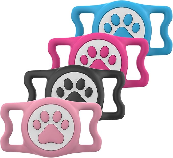 4 Pack IP68 Waterproof Compatible with Air Tag Dog Collar Holder, Silicone Dog Air tag Holder for Apple Air Tag (Black&Pink&Blue&Rosered)