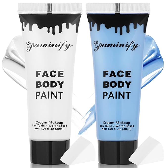 White Light Blue Face Body Paint 1.01oz/pc with 2 Sponges,Water Based Baby Blue Face Paint Kit for Corpse Bride Cosplay Sally Avatar Makeup,Halloween SFX Makeup Cream Face Painting,2.02 oz