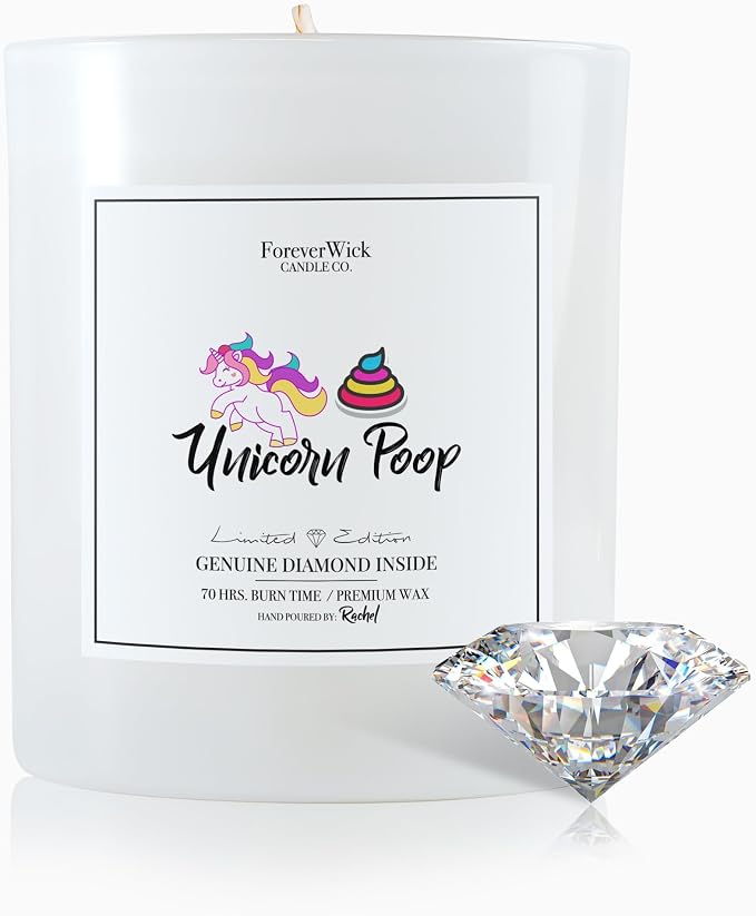 Unicorn Poop Cotton Candy Surprise Candle + Diamond Inside | Foreverwick Candles | Scented Soy Candles Gifts for Women Aromatherapy Candle | Birthday Candles All-Natural Organic Soy Candle 14oz | 70h